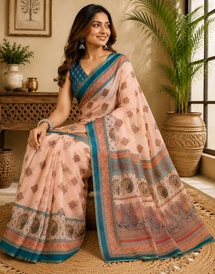 Women peach chanderi cotton geometric/floral motifs ready to wear saree 4