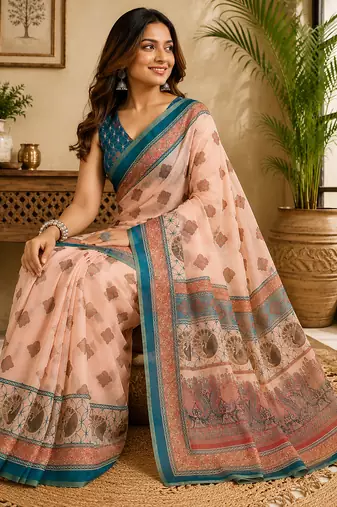 Women peach chanderi cotton geometric/floral motifs ready to wear saree