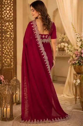 maroon embroidered party wear shimmer chiffon saree with silver scalloped border for women