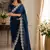 navy blue embroidered party wear shimmer chiffon saree with silver scalloped border for women