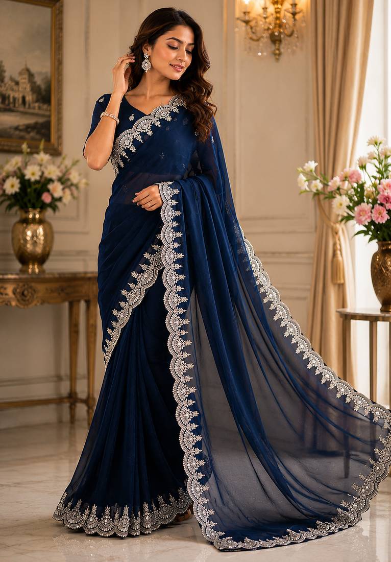 navy blue embroidered party wear shimmer chiffon saree with silver scalloped border for women