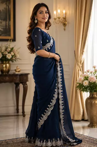 navy blue embroidered party wear shimmer chiffon saree with silver scalloped border for women