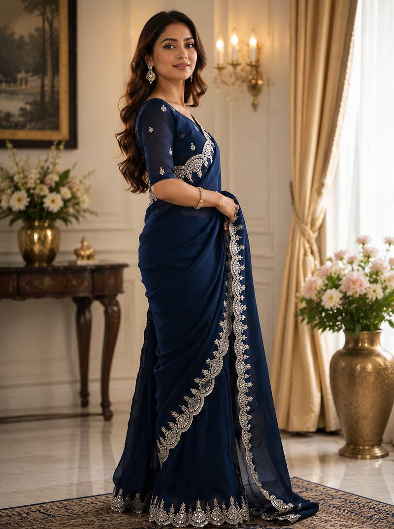 navy blue embroidered party wear shimmer chiffon saree with silver scalloped border for women