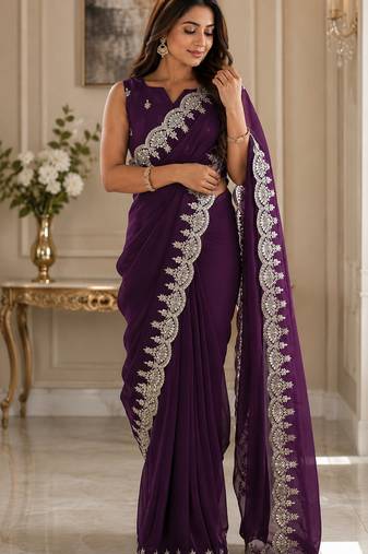 purple embroidered party wear shimmer chiffon saree with silver scalloped border for women