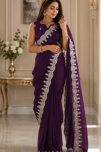 purple embroidered party wear shimmer chiffon saree with silver scalloped border for women