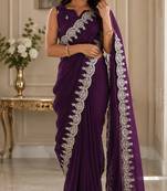purple embroidered party wear shimmer chiffon saree with silver scalloped border for women