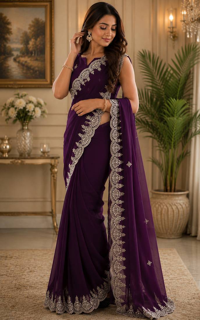 purple embroidered party wear shimmer chiffon saree with silver scalloped border for women