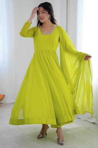 Women's lime parrot green solid flared anarkali kurta with dupatta set