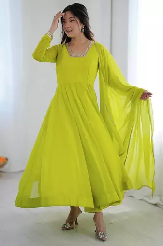 Women's lime parrot green solid flared anarkali kurta with dupatta set