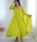 Women's lime parrot green solid flared anarkali kurta with dupatta set