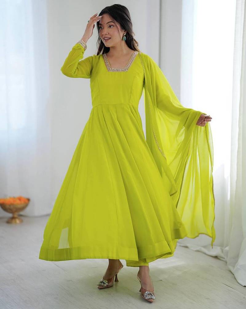 Women's lime parrot green solid flared anarkali kurta with dupatta set