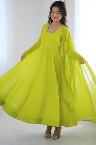 Women's lime parrot green solid flared anarkali kurta with dupatta set