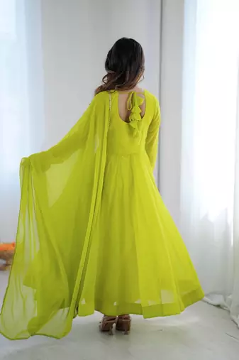 Women's lime parrot green solid flared anarkali kurta with dupatta set