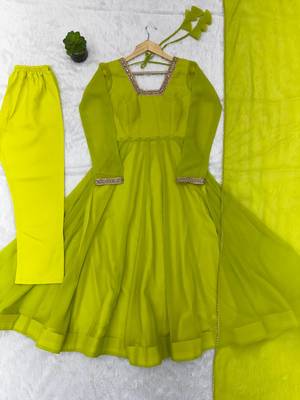Women's lime parrot green solid flared anarkali kurta with dupatta set 4