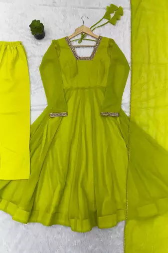 Women's lime parrot green solid flared anarkali kurta with dupatta set