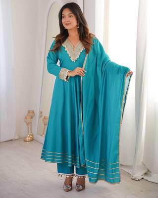  womens  teal blue embroidered silk blend anarkali kurta with pants & dupatta set 1