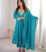 New womens trendy stylish teal blue embroidered silk blend anarkali kurta with pants & dupatta set