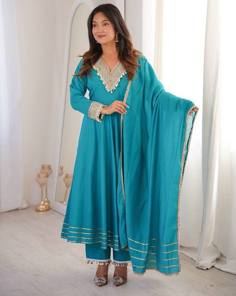 New womens trendy stylish teal blue embroidered silk blend anarkali kurta with pants & dupatta set