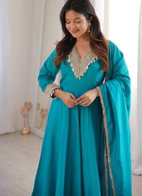  womens  teal blue embroidered silk blend anarkali kurta with pants & dupatta set 2