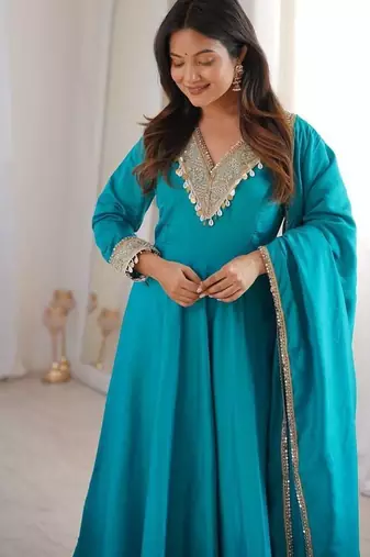 New womens trendy stylish teal blue embroidered silk blend anarkali kurta with pants & dupatta set