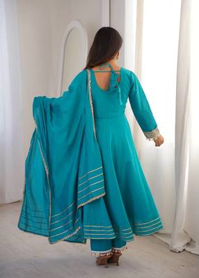  womens  teal blue embroidered silk blend anarkali kurta with pants & dupatta set 3