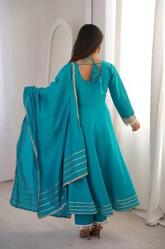 New womens trendy stylish teal blue embroidered silk blend anarkali kurta with pants & dupatta set