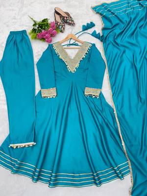  womens  teal blue embroidered silk blend anarkali kurta with pants & dupatta set 4