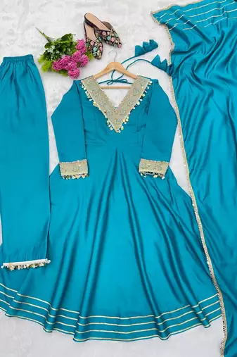 New womens trendy stylish teal blue embroidered silk blend anarkali kurta with pants & dupatta set