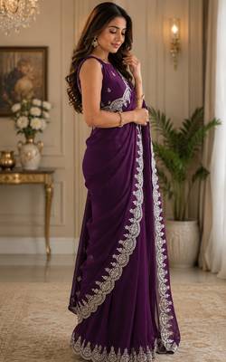 purple embroidered party wear shimmer chiffon saree with silver scalloped border for women 3