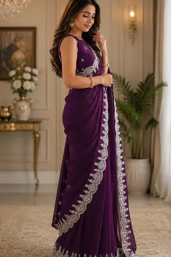 purple embroidered party wear shimmer chiffon saree with silver scalloped border for women