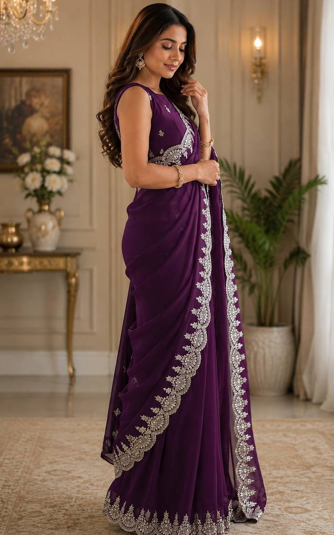 purple embroidered party wear shimmer chiffon saree with silver scalloped border for women