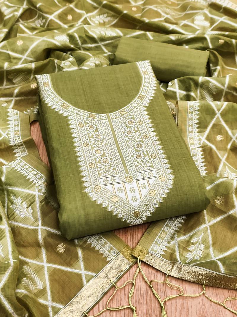 Mehendi jamdani silk blend dress material