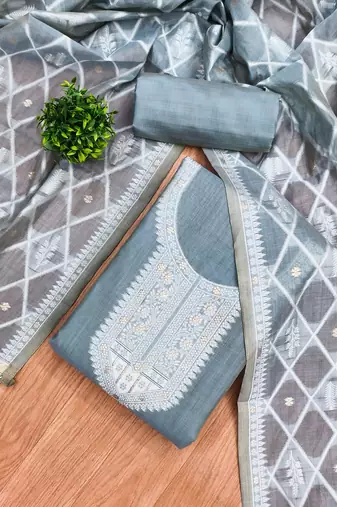 Grey jamdani silk blend dress material