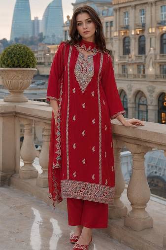 Red heavy silk blend reaymade suit with embroidery & sequin work