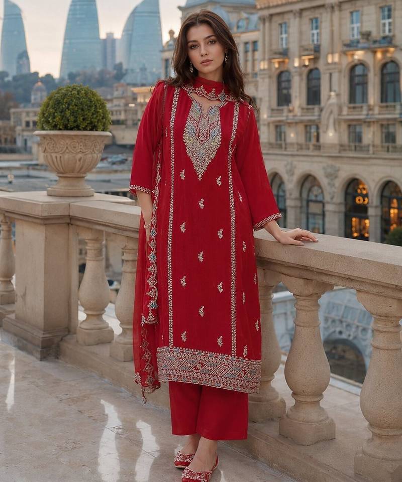 Red heavy silk blend reaymade suit with embroidery & sequin work