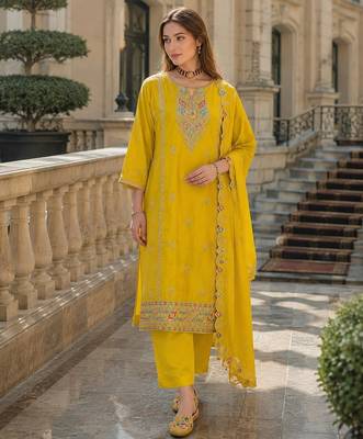 Yellow heavy silk blend reaymade suit with embroidery & sequin work 1