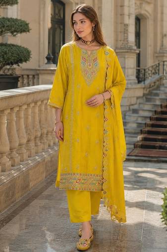 Yellow heavy silk blend reaymade suit with embroidery & sequin work