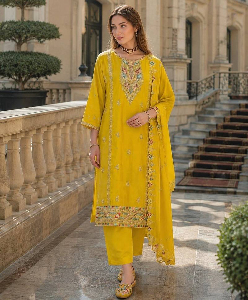 Yellow heavy silk blend reaymade suit with embroidery & sequin work