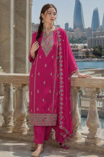Rani pink heavy silk blend reaymade suit with embroidery & sequin work