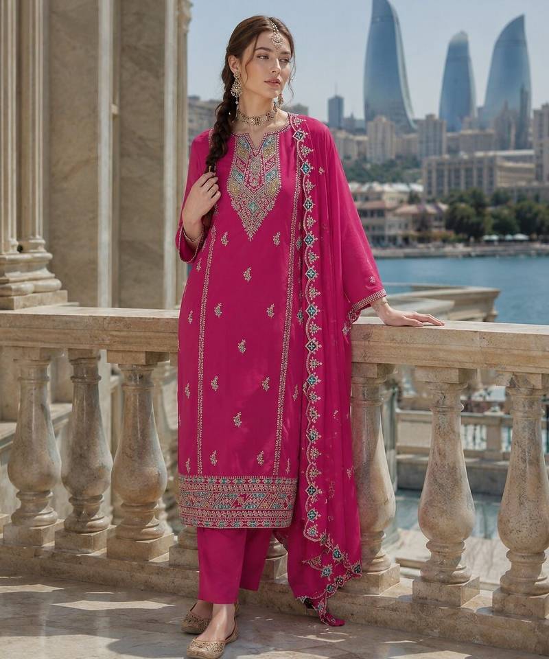 Rani pink heavy silk blend reaymade suit with embroidery & sequin work