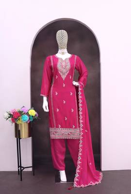Rani pink heavy silk blend reaymade suit with embroidery & sequin work 2