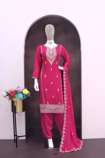 Rani pink heavy silk blend reaymade suit with embroidery & sequin work
