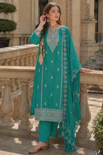 Turquoise heavy silk blend reaymade suit with embroidery & sequin work
