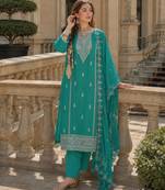 Turquoise heavy silk blend reaymade suit with embroidery & sequin work
