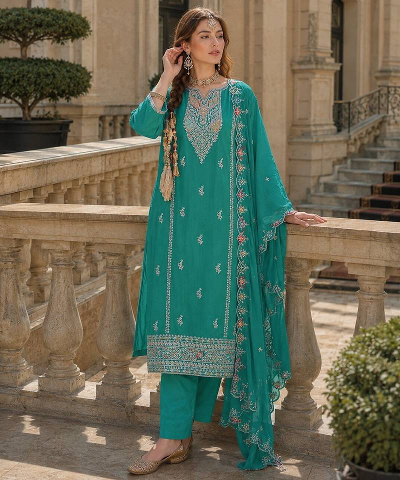 Turquoise heavy silk blend reaymade suit with embroidery & sequin work
