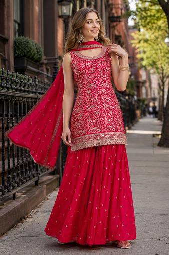Red blooming georgette suit with heavy embroidery & sequin work