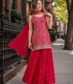 Red blooming georgette suit with heavy embroidery & sequin work