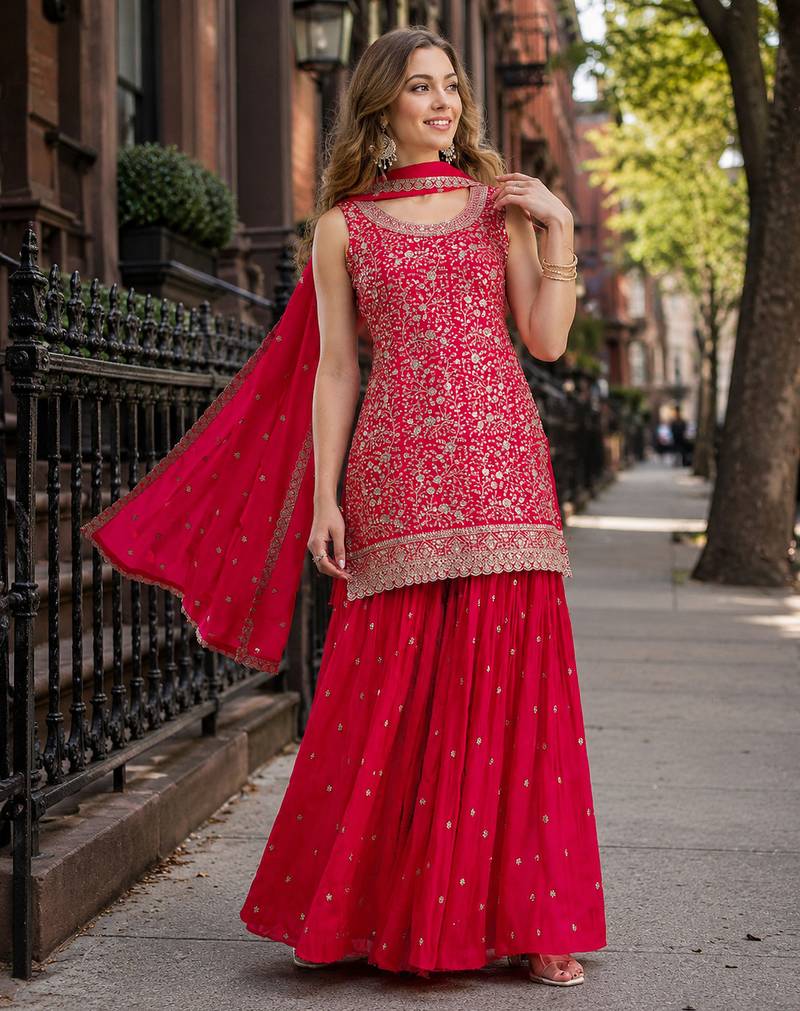 Red blooming georgette suit with heavy embroidery & sequin work