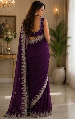purple embroidered party wear shimmer chiffon saree with silver scalloped border for women 4