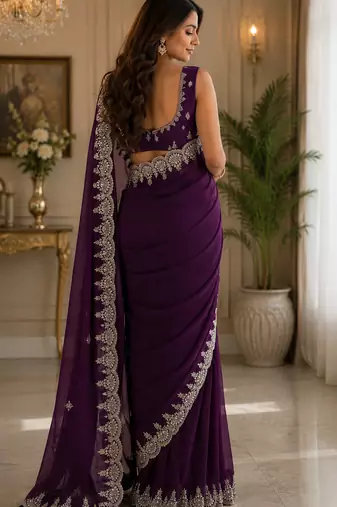 purple embroidered party wear shimmer chiffon saree with silver scalloped border for women